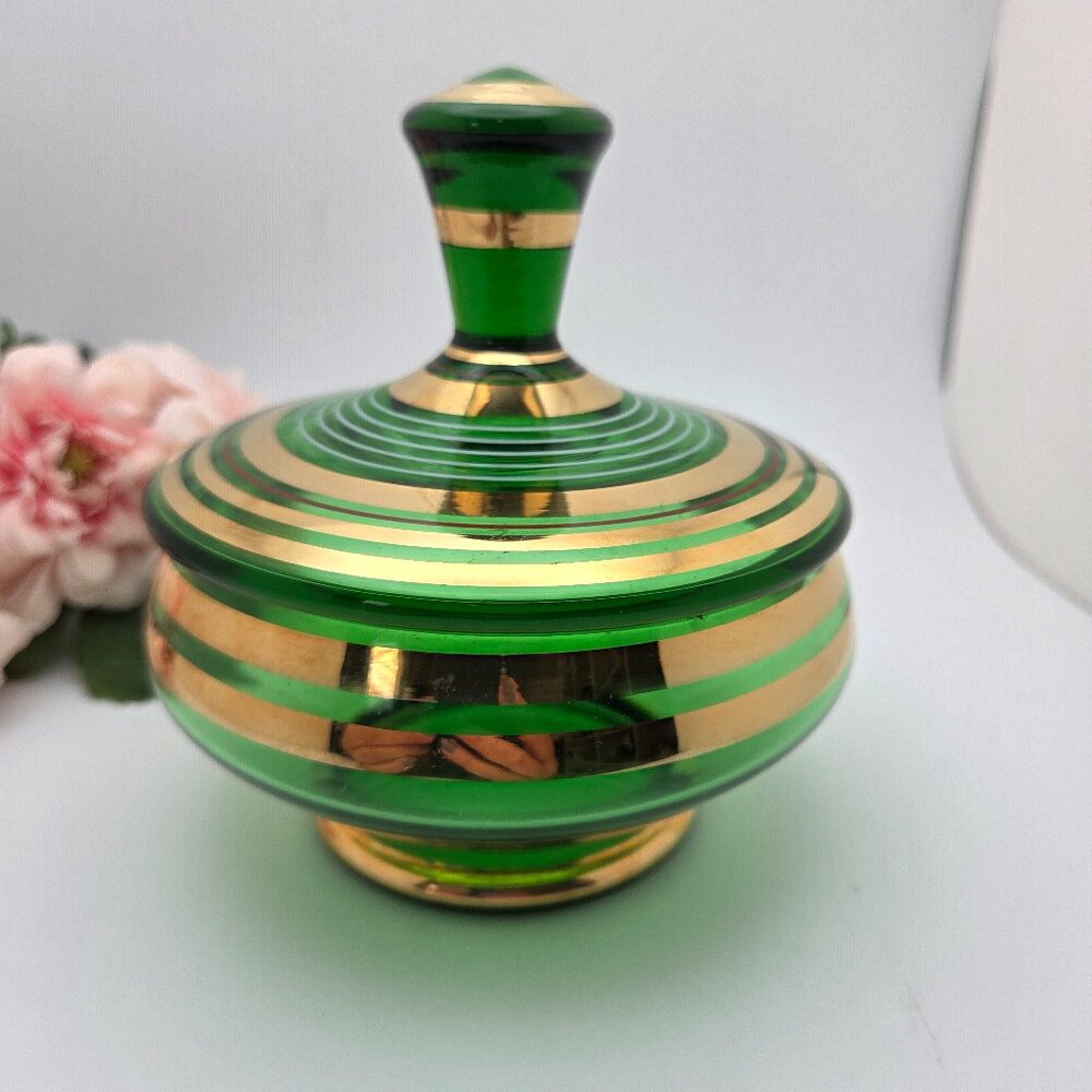 Vintage Bohemian Green Glass Lidded Candy Dish With Gold Stripes Mid Century